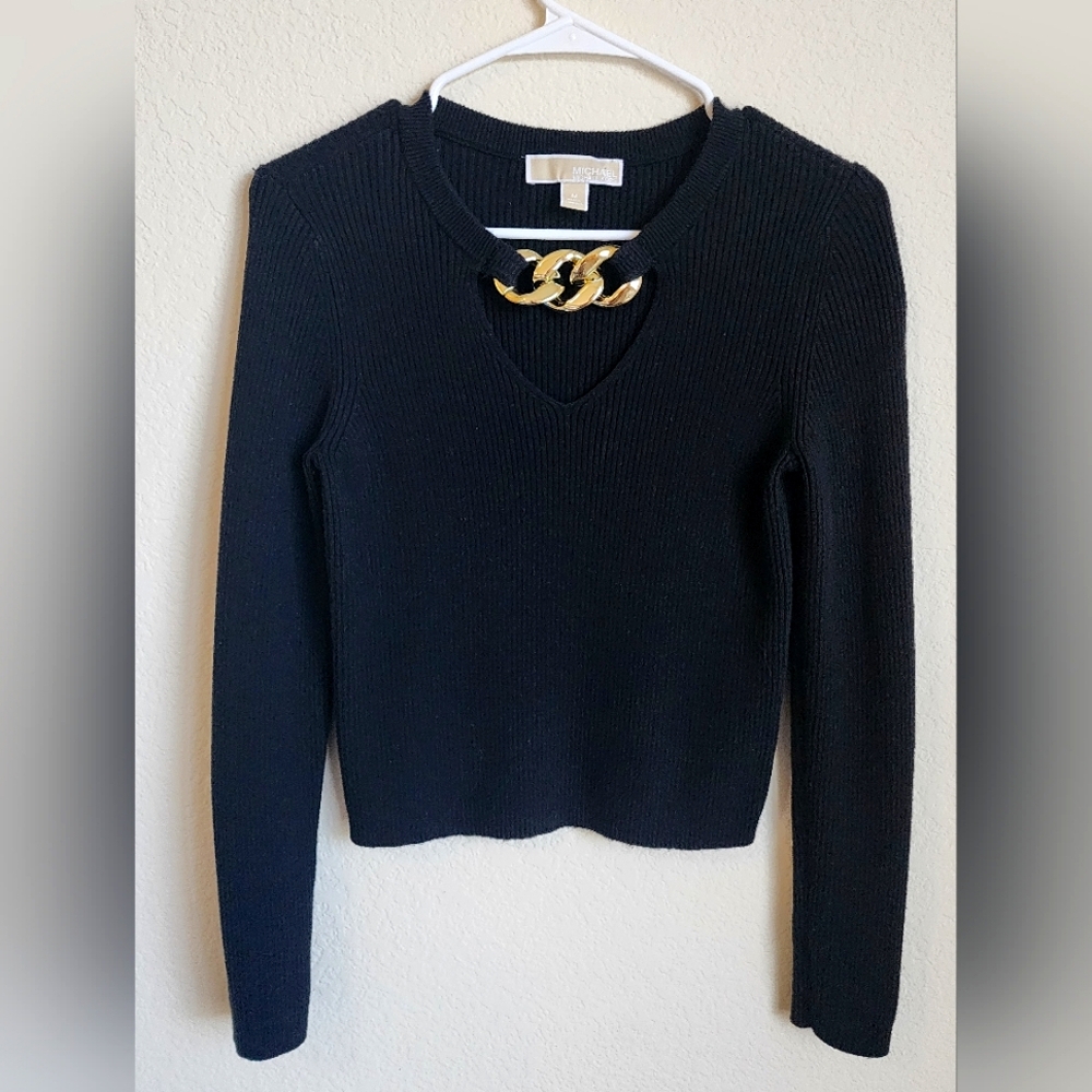 NWT MICHAEL KORS Black Ribbed Knit Chain Cut-Out neck detail Sweater Size M